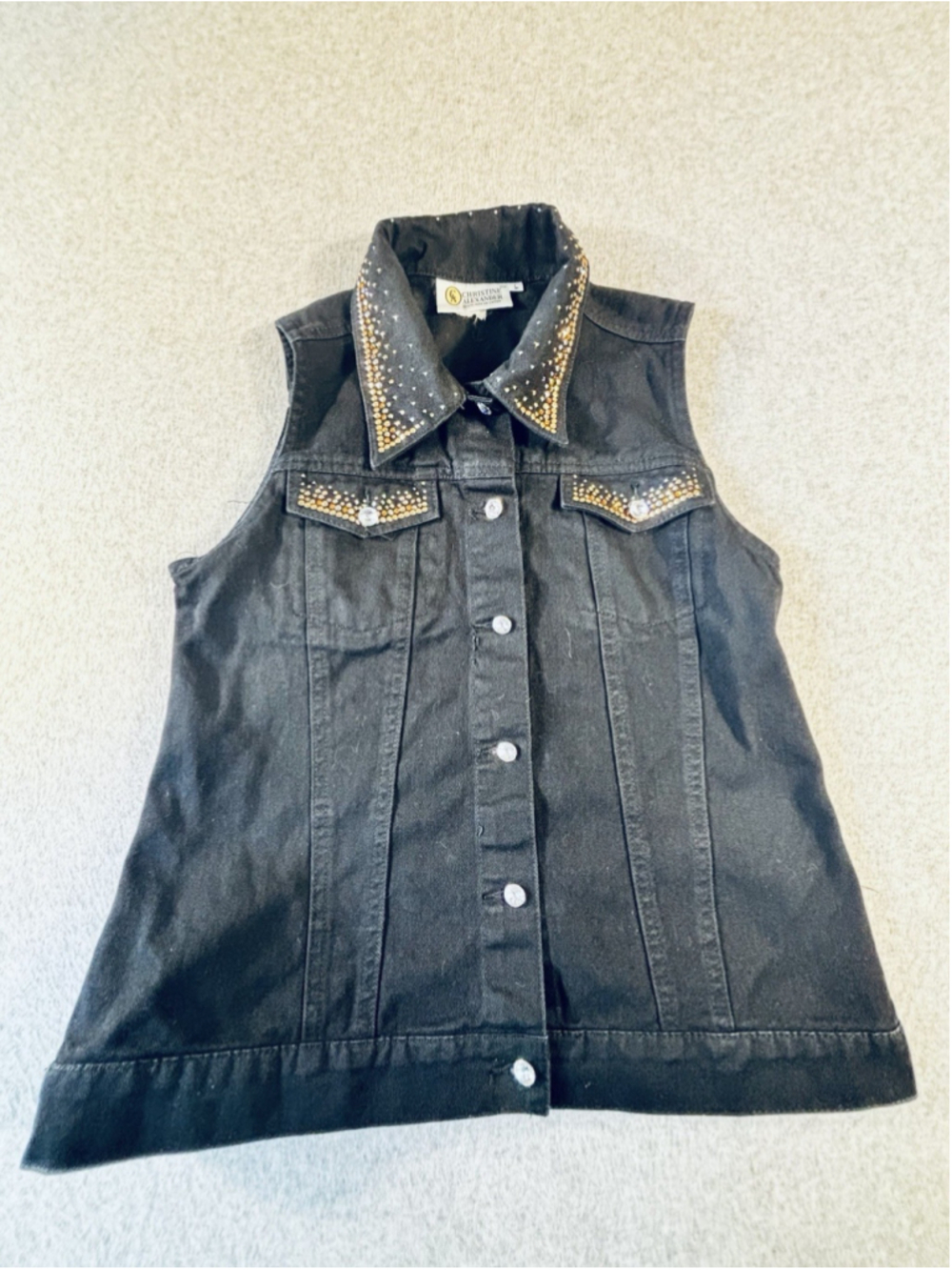 Christine Alexander Women’s L Black Denim Vest Rhinestone Western Bling
